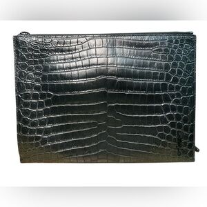 SAINT LAURENT 
Calfskin Crocodile Embossed Zip Mini Tablet Sleeve Black